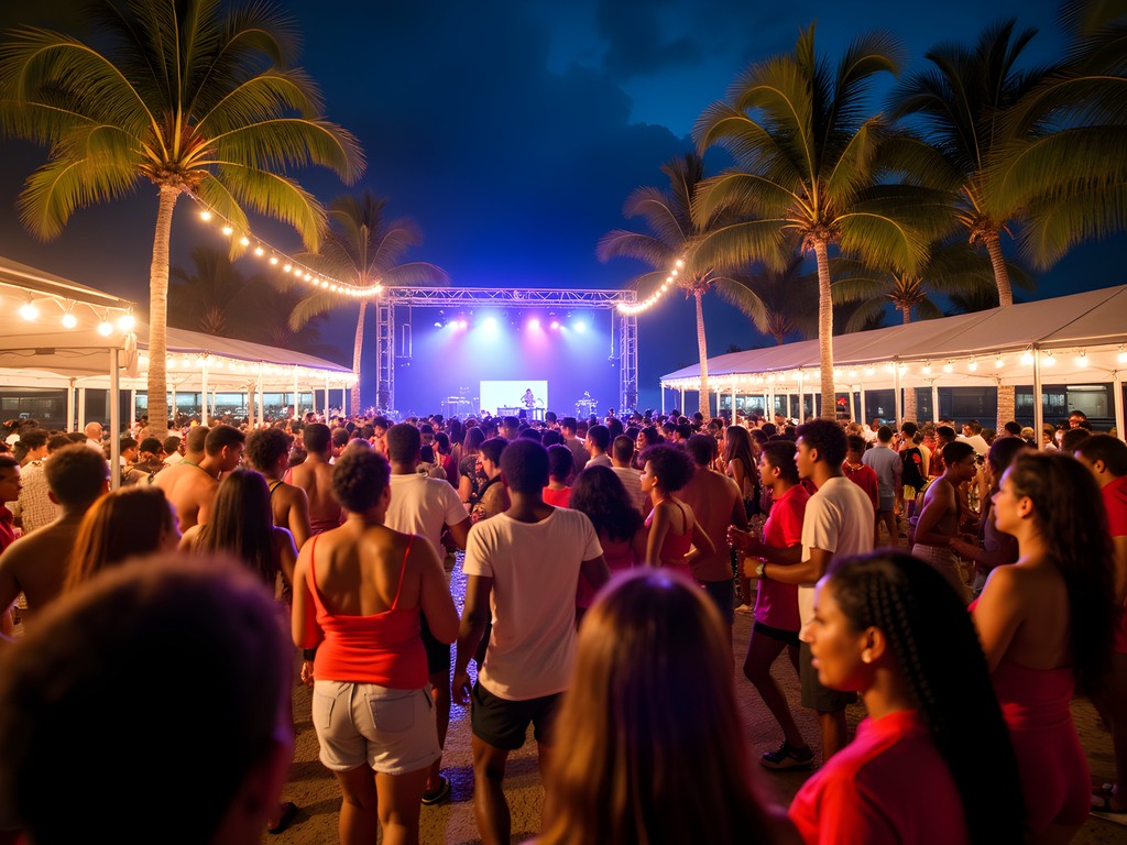 Crowded soca fete in Port of Spain with people dancing under colorful lights
