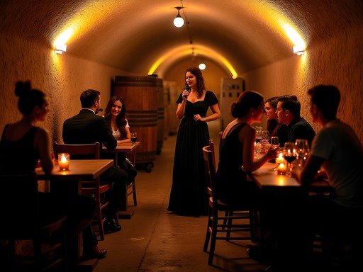 Fado singer performing during port tasting in historic Porto cellar