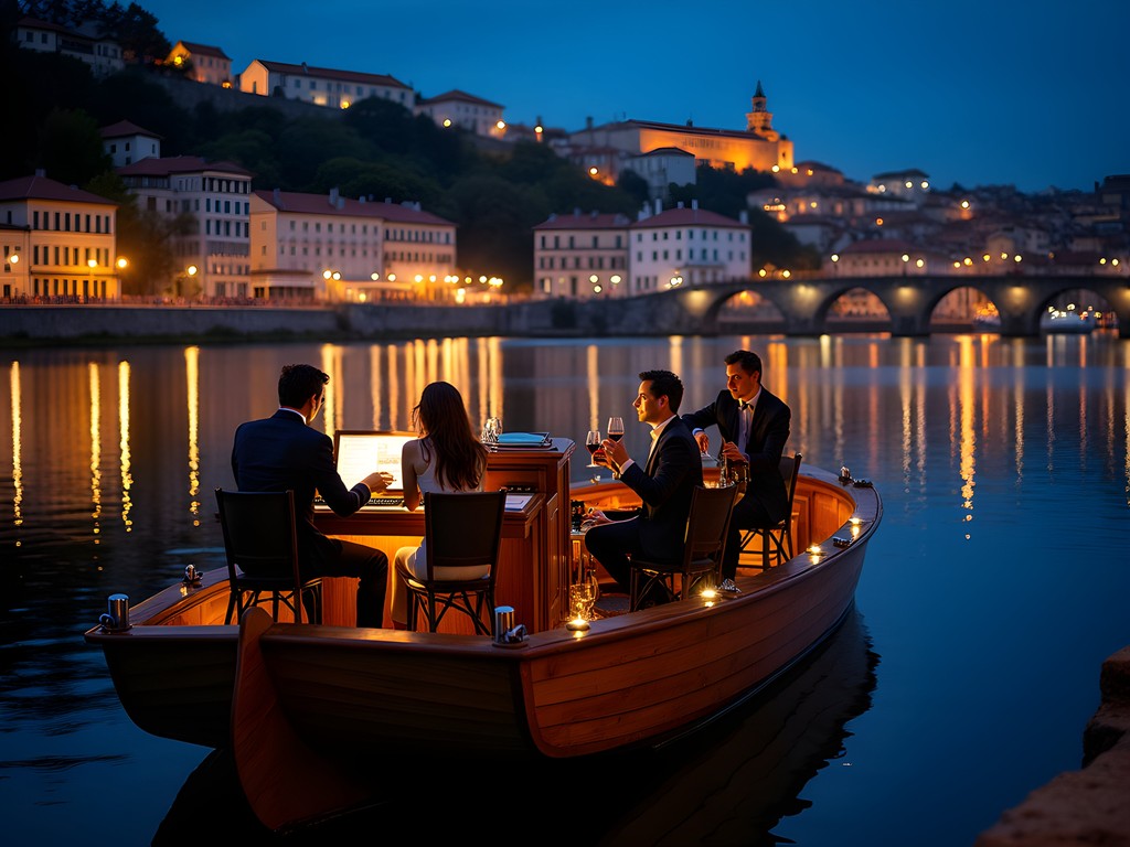 Jazz performance on wooden boat cruising Douro River at night