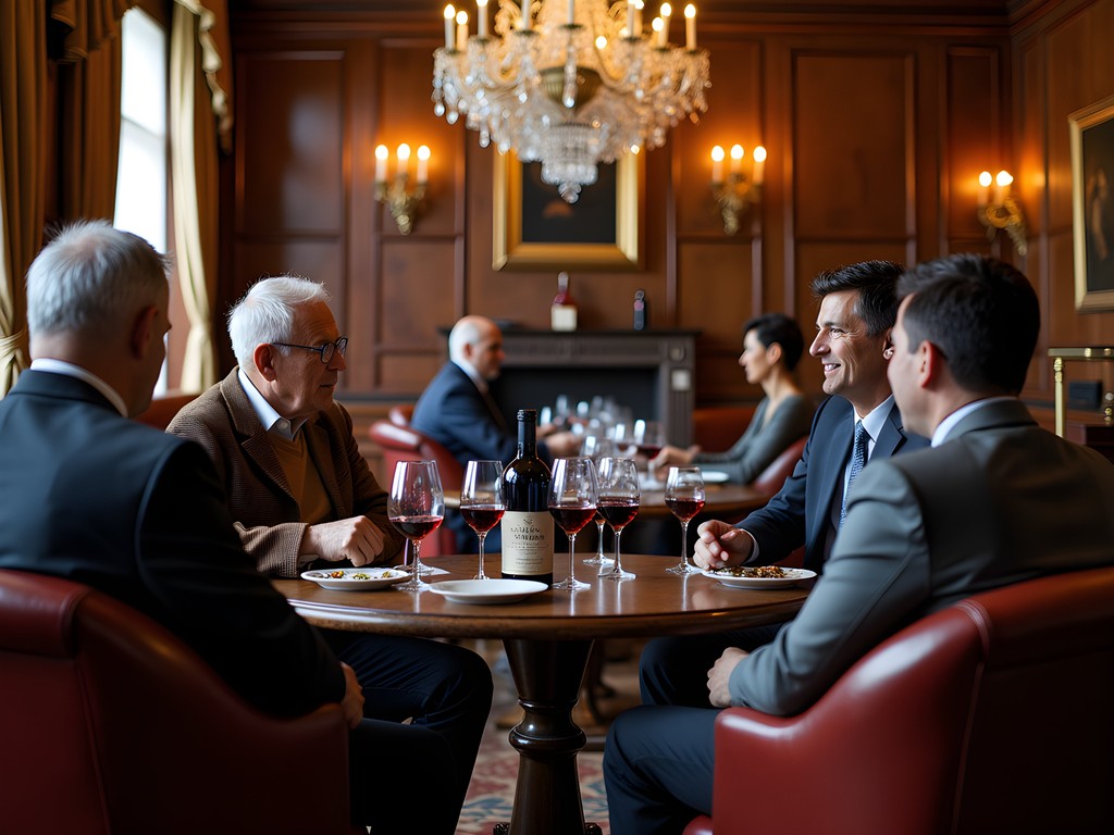 Elegant port tasting room with couples sampling rare vintages