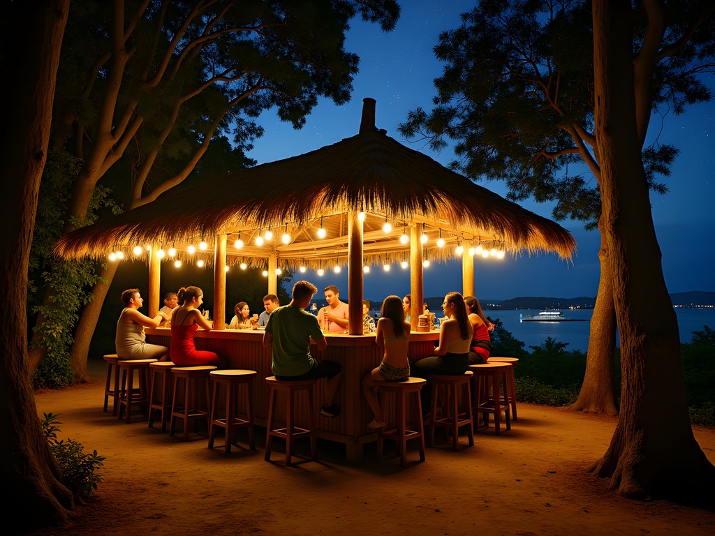 Rustic rainforest bush bar overlooking Portsmouth harbor at night