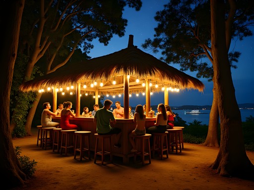 Rustic rainforest bush bar overlooking Portsmouth harbor at night