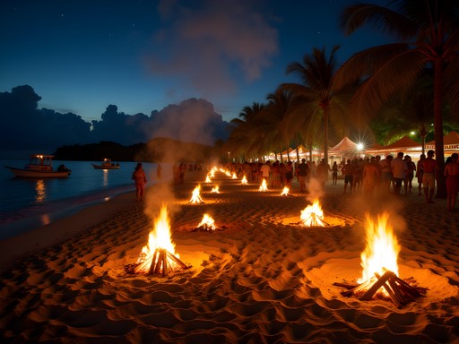 Nighttime beach bonfire with locals and visitors dancing on Purple Turtle Beach in Portsmouth