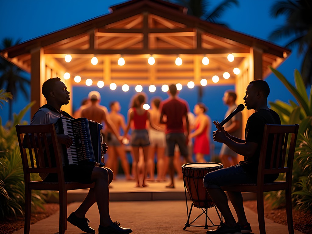 Local musicians performing traditional Dominican music at night in Portsmouth
