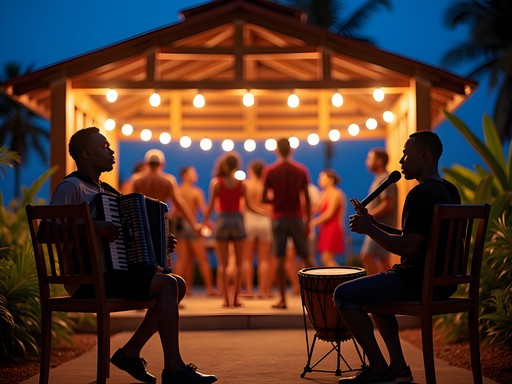 Local musicians performing traditional Dominican music at night in Portsmouth