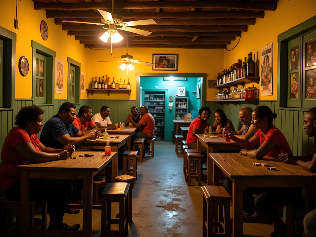 Local Dominicans playing dominoes in a traditional Portsmouth rum shop