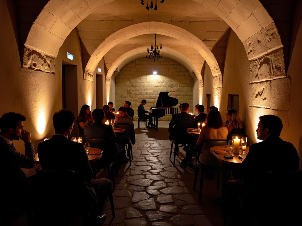 Jazz pianist performing in the historic stone cellar of Agharta Jazz Centrum beneath Prague's Old Town Square