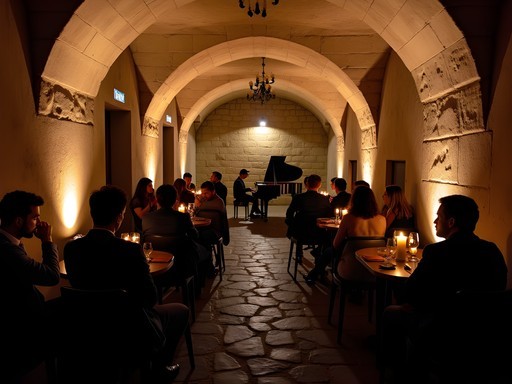 Jazz pianist performing in the historic stone cellar of Agharta Jazz Centrum beneath Prague's Old Town Square