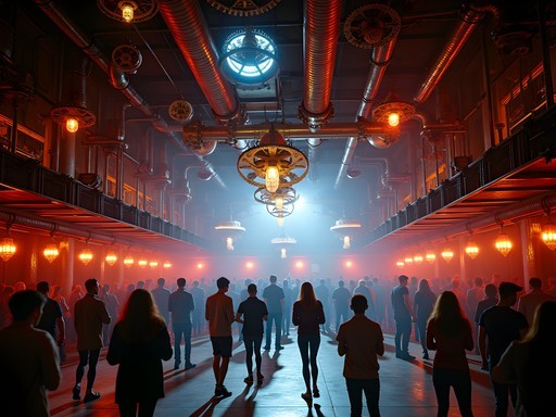 Steampunk-inspired interior of Cross Club in Prague with mechanical installations and moving parts