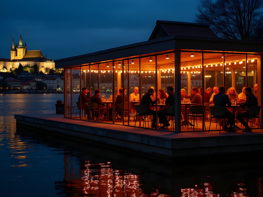 Jazz Docks club in Prague at night with illuminated Prague Castle visible across the Vltava River