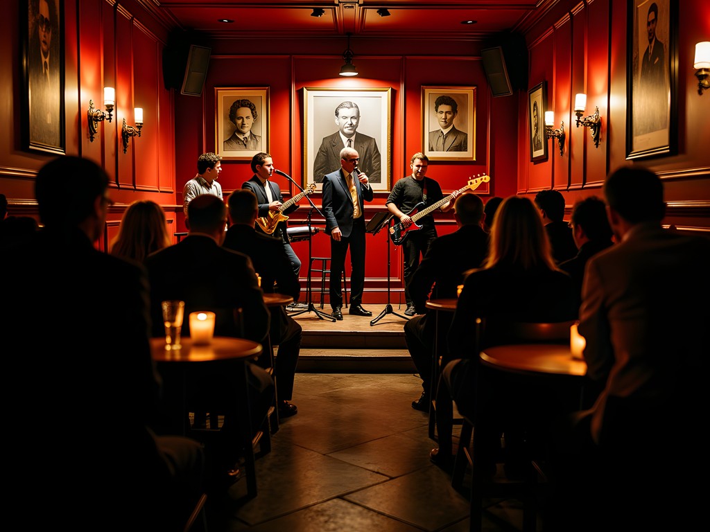 Jazz quartet performing on the intimate stage at historic Reduta Jazz Club in Prague
