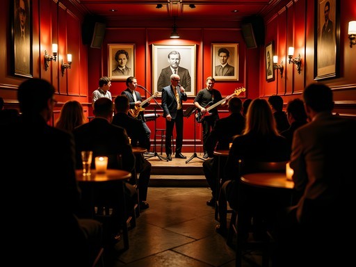 Jazz quartet performing on the intimate stage at historic Reduta Jazz Club in Prague