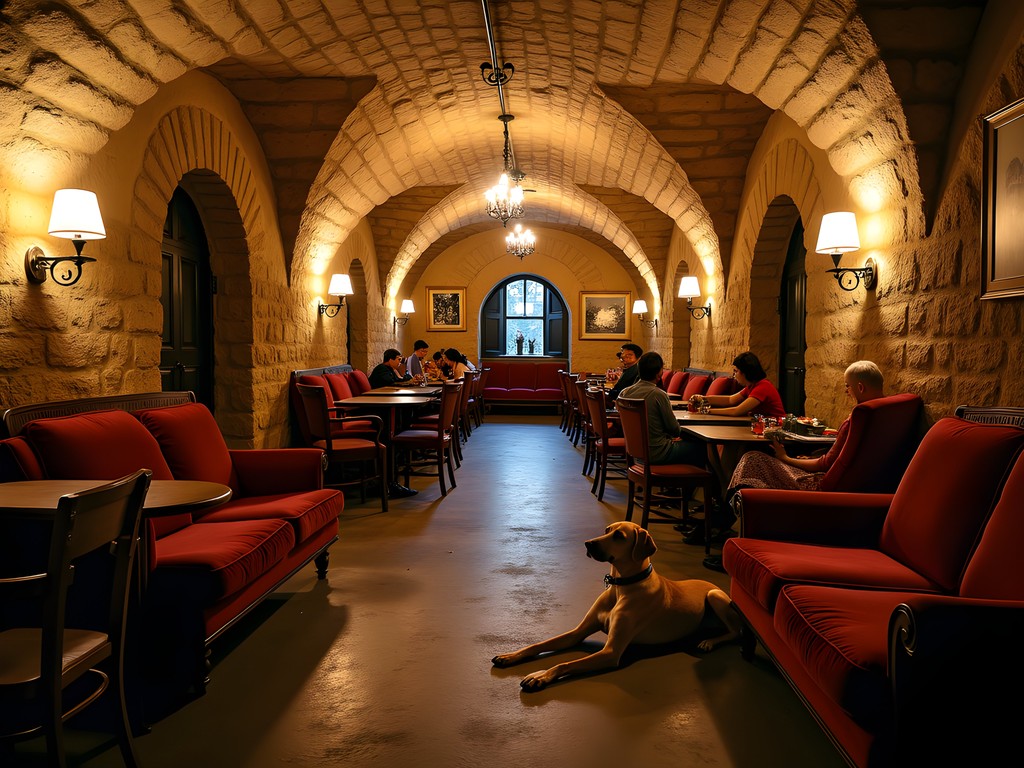 Atmospheric interior of Vzorkovna underground club in Prague showing interconnected cellar rooms with eclectic decor
