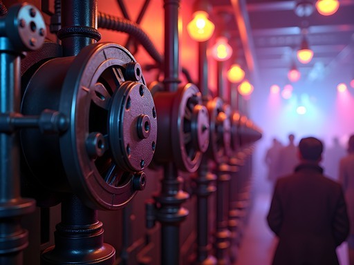 Kinetic metal sculptures and industrial decor at Cross Club in Prague