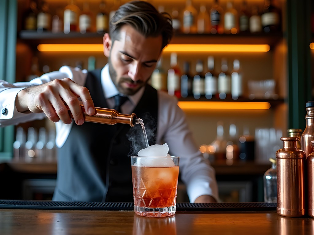 Bartender creating an elaborate cocktail at Hemingway Bar in Prague