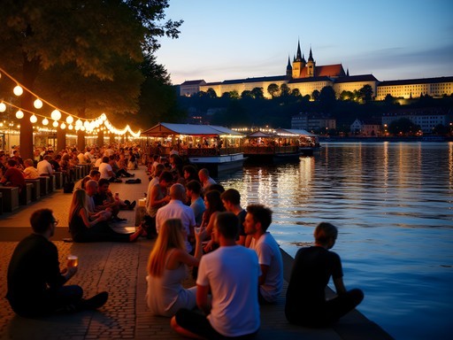Evening atmosphere at Náplavka riverside area in Prague with people enjoying drinks along the Vltava