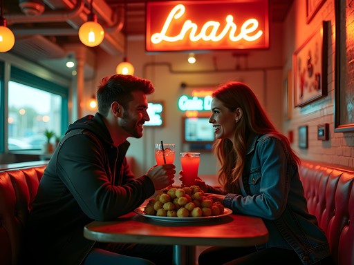 Couple enjoying late-night comfort food at Ogie's Trailer Park in Providence