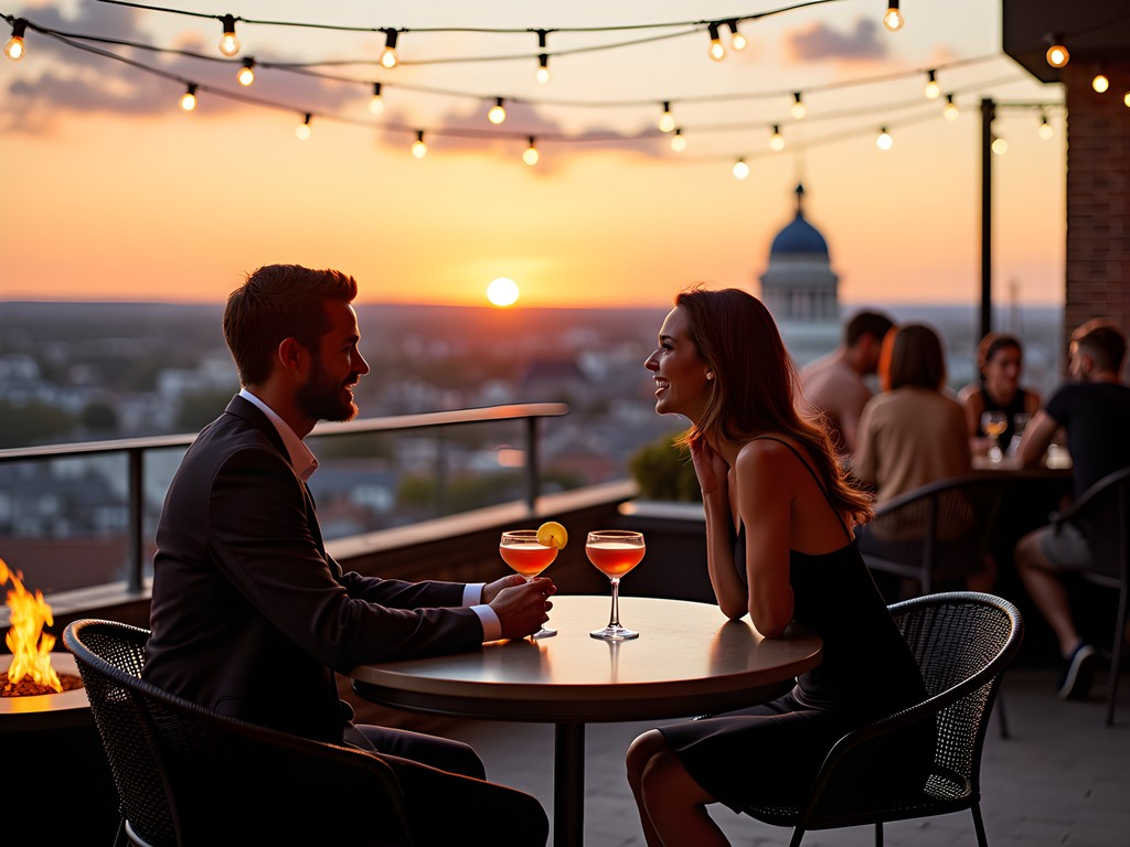 Couple enjoying sunset drinks at a Providence rooftop bar