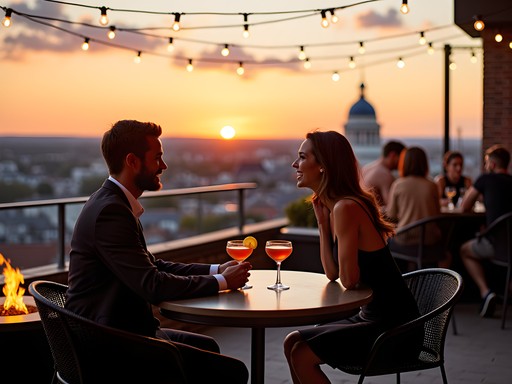 Couple enjoying sunset drinks at a Providence rooftop bar