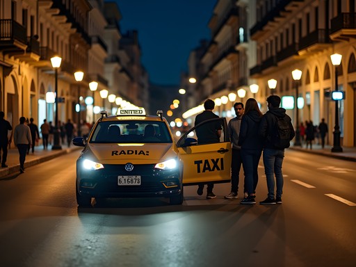 Group of friends safely entering an official radio taxi in Buenos Aires at night