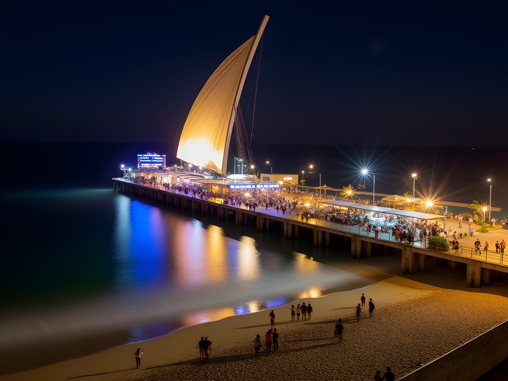 Illuminated Los Muertos Pier in Puerto Vallarta at night serving as a meeting point