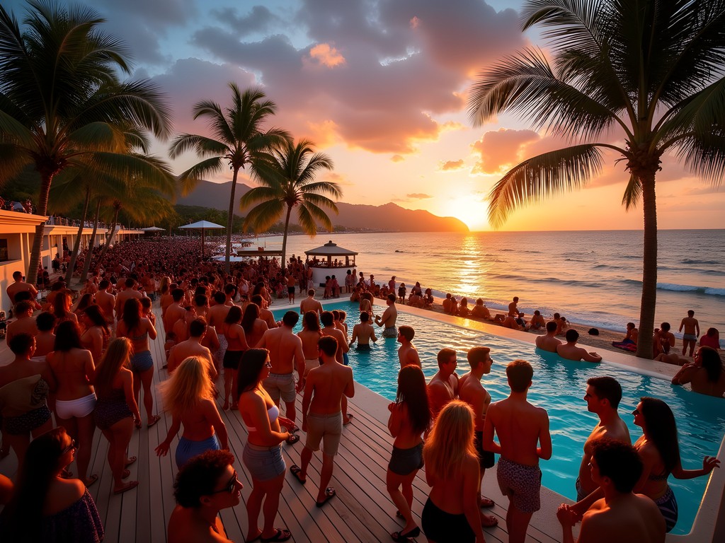 Sunset dance party at Mantamar Beach Club in Puerto Vallarta with ocean backdrop