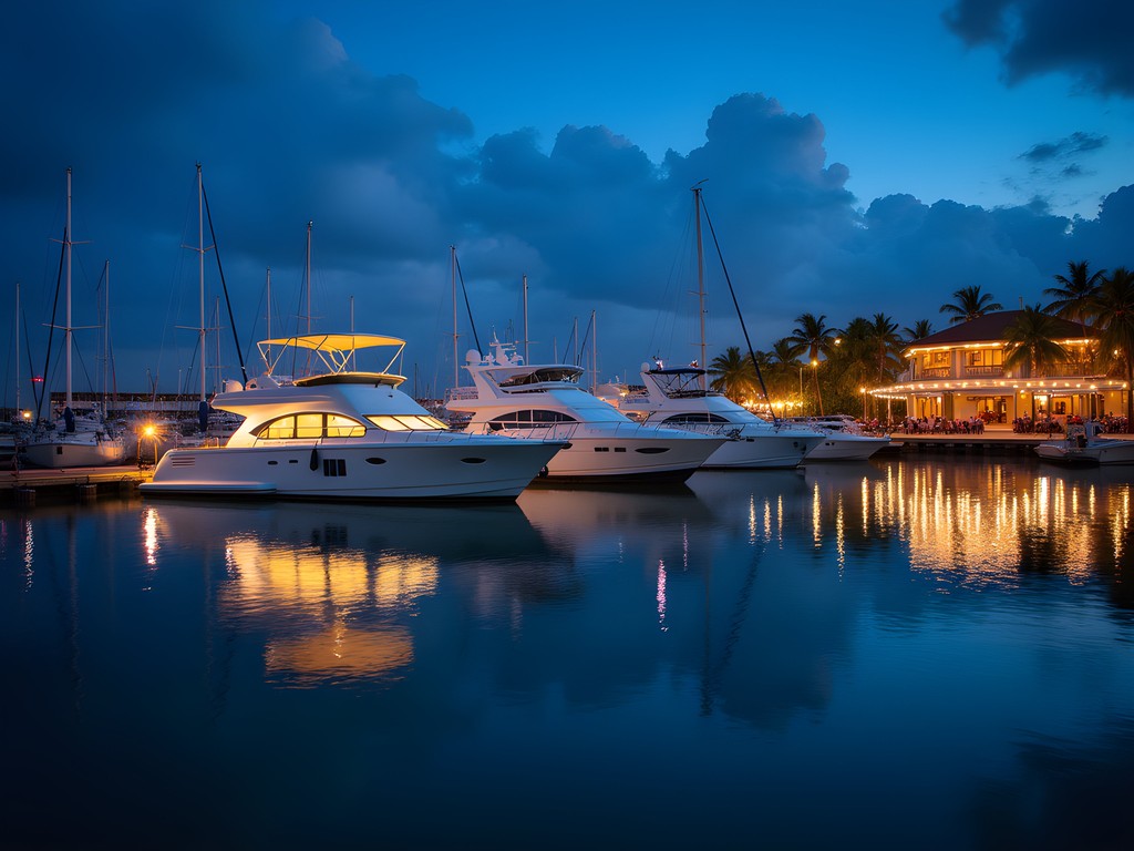Night view of illuminated luxury yachts in Marina Vallarta with restaurant lights reflecting on water