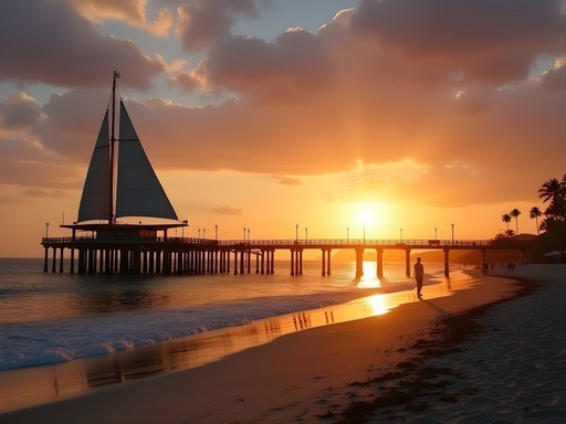 Sunrise view of Los Muertos Pier in Puerto Vallarta with golden light and calm morning waters