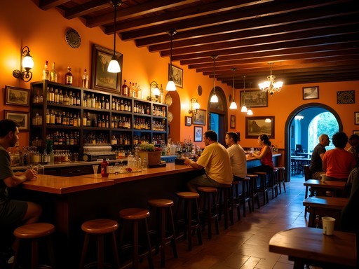 Atmospheric interior of a traditional Mexican cantina in Puerto Vallarta with warm lighting and authentic decor