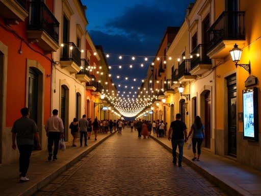 Vibrant nighttime street scene in Puerto Vallarta's Zona Romántica with colorful lights and cobblestone streets