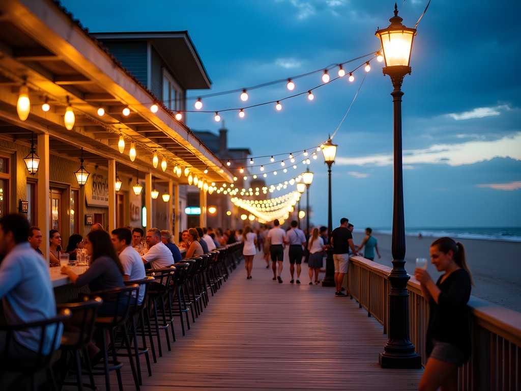 Illuminated Rehoboth Beach boardwalk at twilight with bustling bars and ocean view