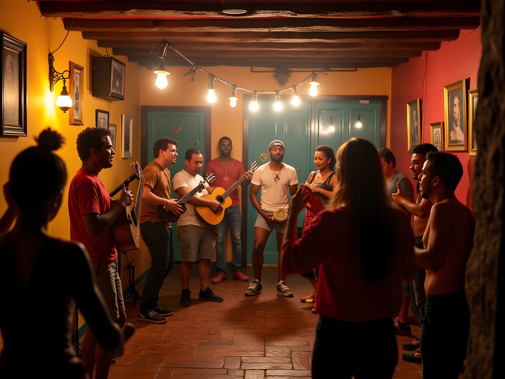 Live samba band performing in traditional Rio venue with dancers