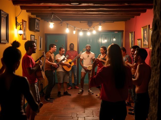 Live samba band performing in traditional Rio venue with dancers