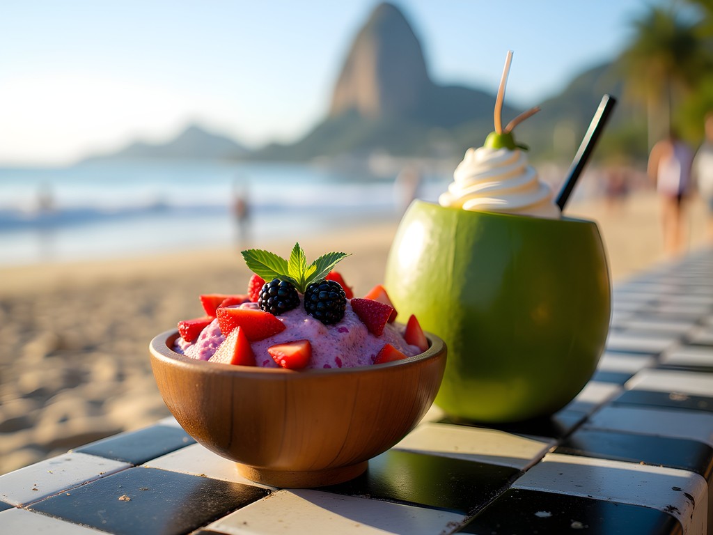 Morning recovery scene on Copacabana Beach with açaí bowl and coconut water