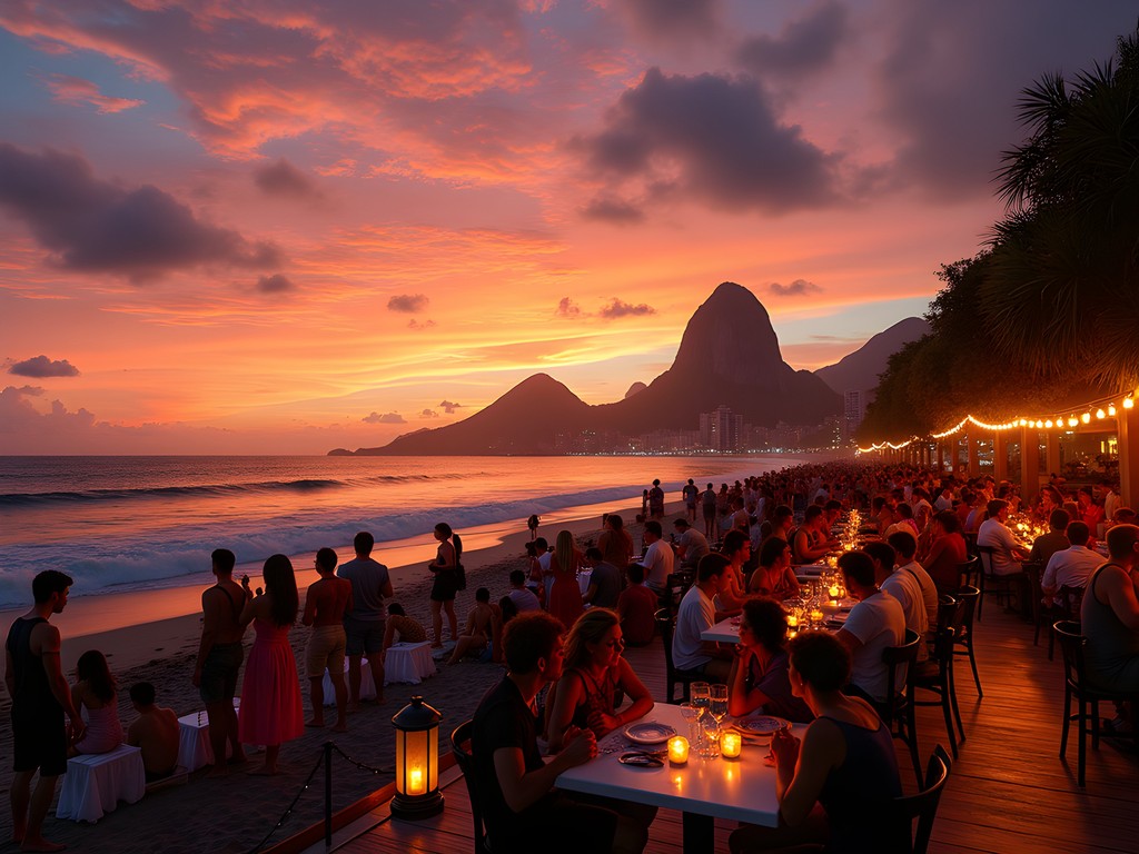 Sunset view from beach bar in Ipanema with mountains in background