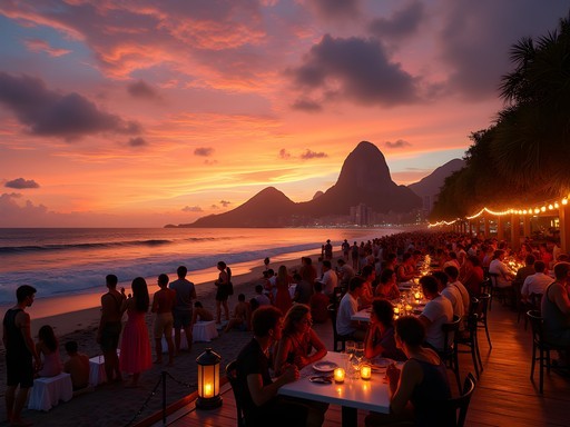 Sunset view from beach bar in Ipanema with mountains in background