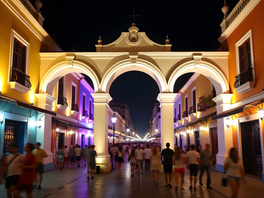 Illuminated Arcos da Lapa with vibrant street scene and samba clubs