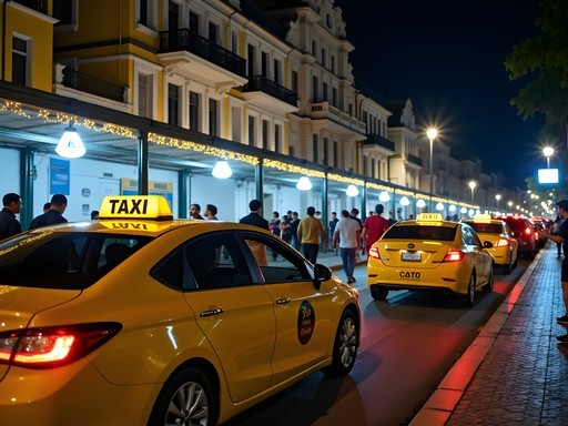 Well-lit taxi stand outside popular Rio nightlife area with security presence