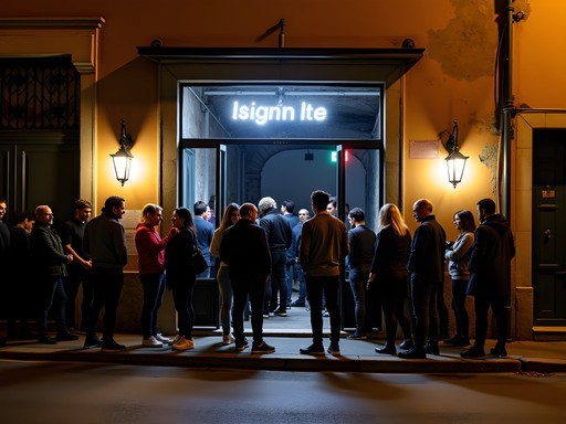 Exterior of a popular nightclub in Testaccio district with queue of people waiting to enter