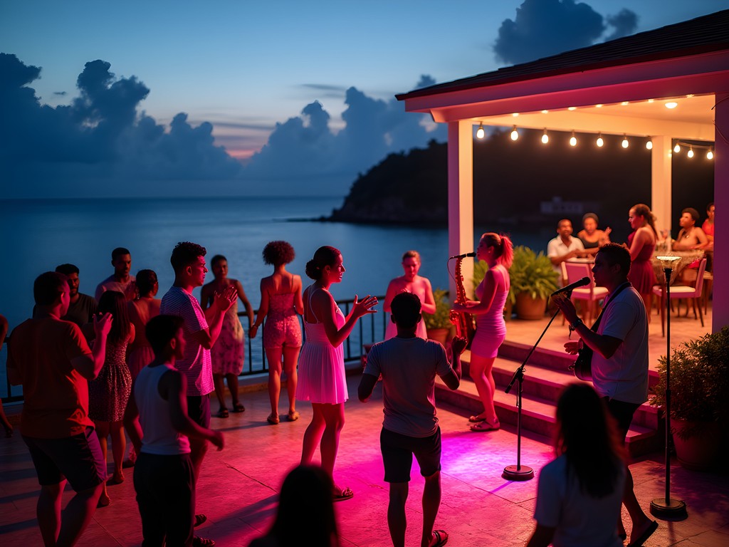 Live band performing soca music at Fort Young Hotel in Roseau, Dominica