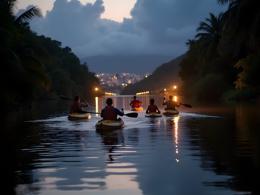 Night kayaking tour on Roseau River with city lights reflecting on water