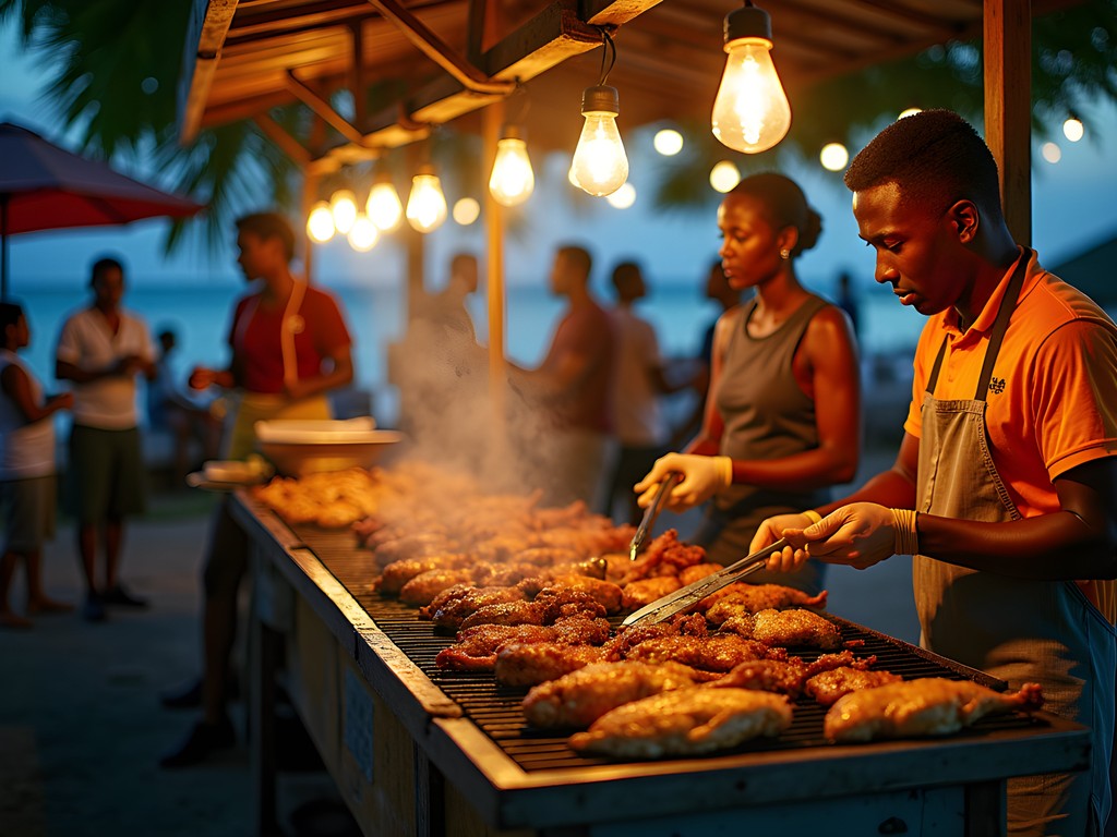 Evening street food vendors at Bay Front area in Roseau, Dominica