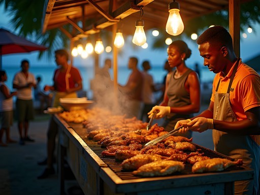 Evening street food vendors at Bay Front area in Roseau, Dominica
