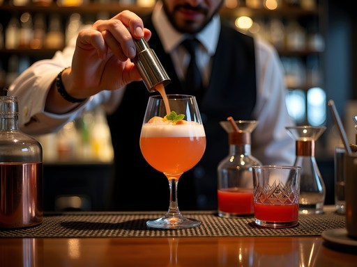 Bartender preparing an elaborate craft cocktail with laboratory equipment in a stylish Rotterdam bar