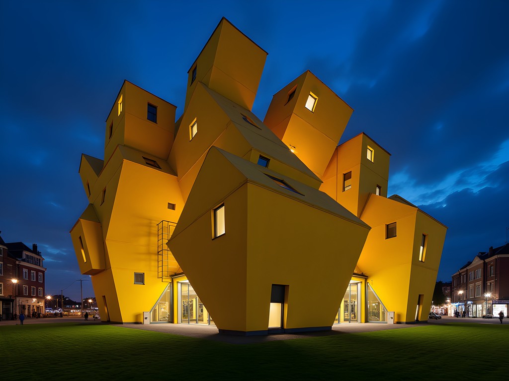 Rotterdam's iconic yellow Cube Houses dramatically illuminated against the night sky