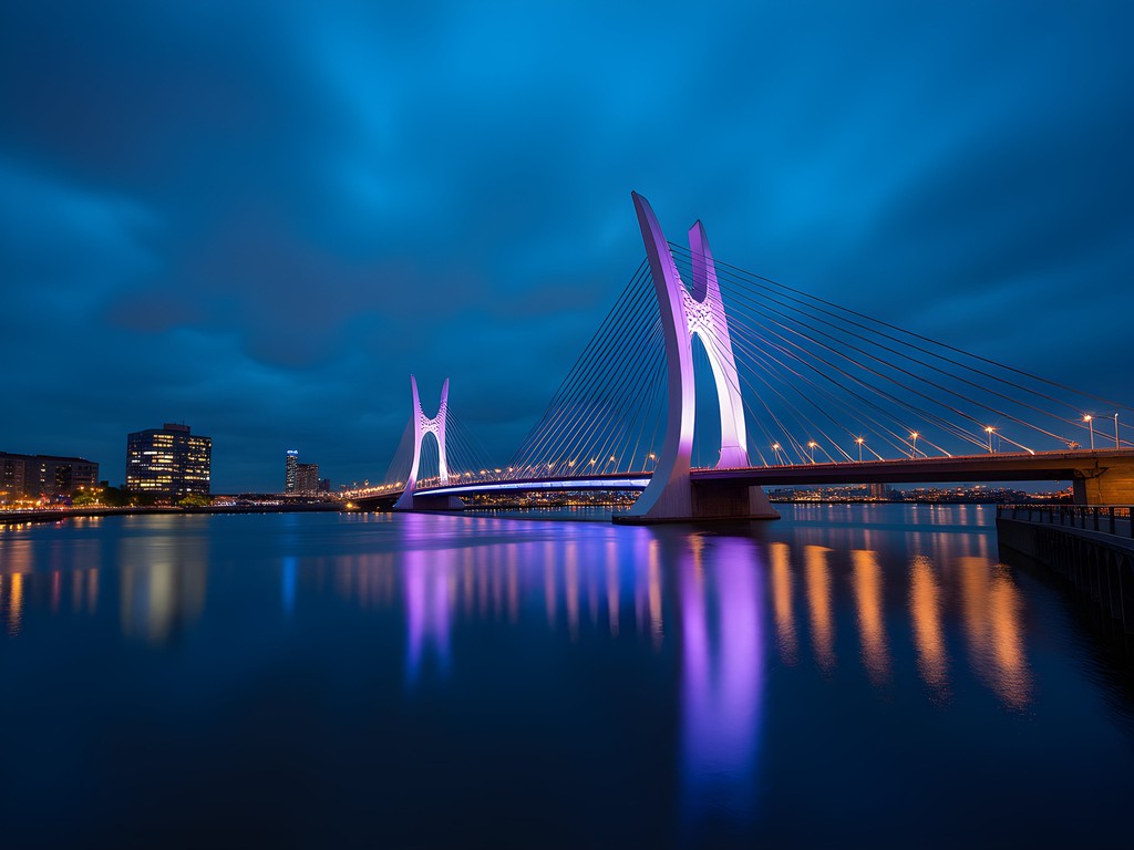 Illuminated Erasmus Bridge in Rotterdam at night with colorful reflections on the Nieuwe Maas river