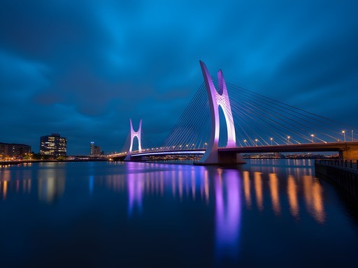 Illuminated Erasmus Bridge in Rotterdam at night with colorful reflections on the Nieuwe Maas river