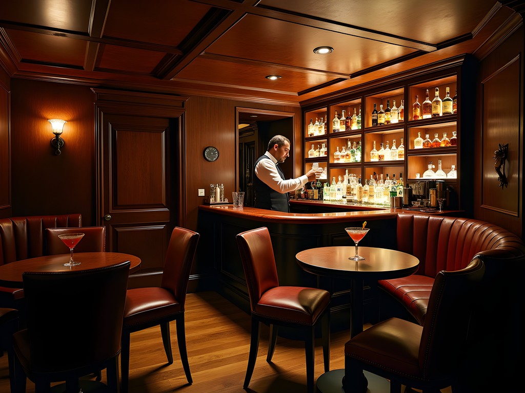 Elegant interior of a hidden Rotterdam speakeasy with moody lighting, vintage furnishings and elaborate cocktail preparation