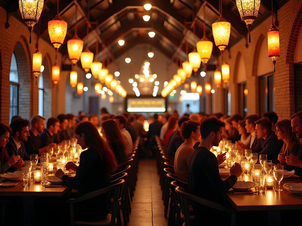 Colorful interior of Bazaar Restaurant in Rotterdam with lanterns hanging from high ceilings and diverse late-night diners