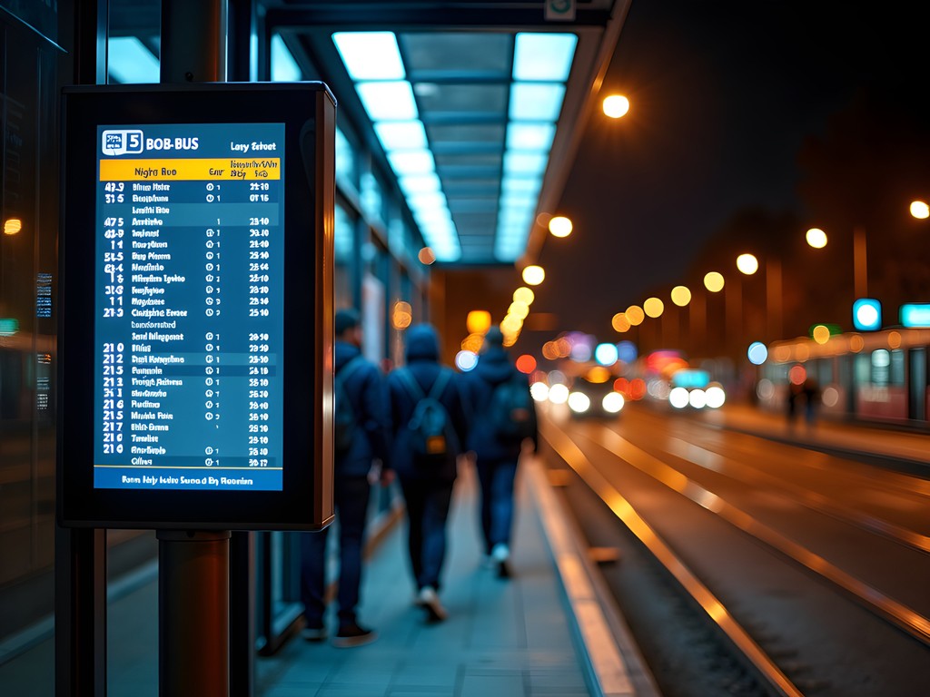 Well-lit Rotterdam night bus stop with digital schedule display and waiting passengers